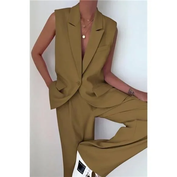 Sleeveless Blazer Set Wide Leg Pants Business Casual V Neck Vest Women